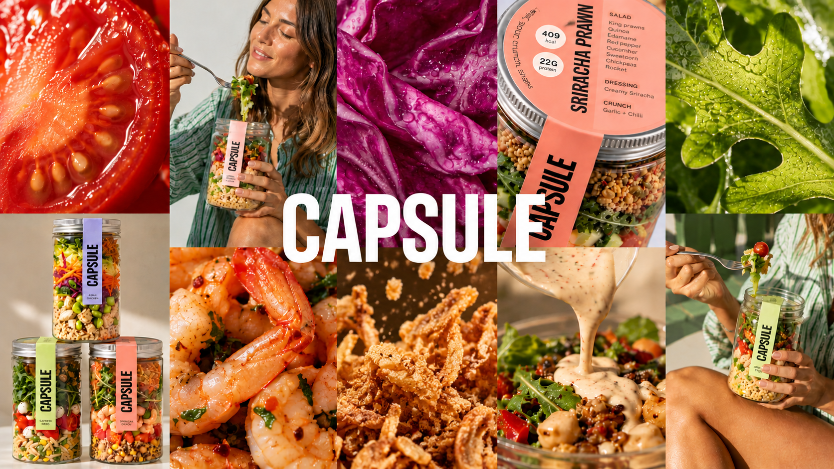 Capsule salads, ingredients and jars: a collage of ten photos