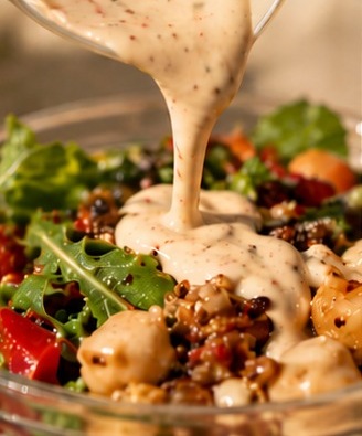 Creamy dressing being poured over a layered salad